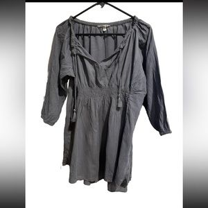 Athleta Tunic Top Size M Gray Tie Neck Crinkle Texture Boho Tie Waist Womens